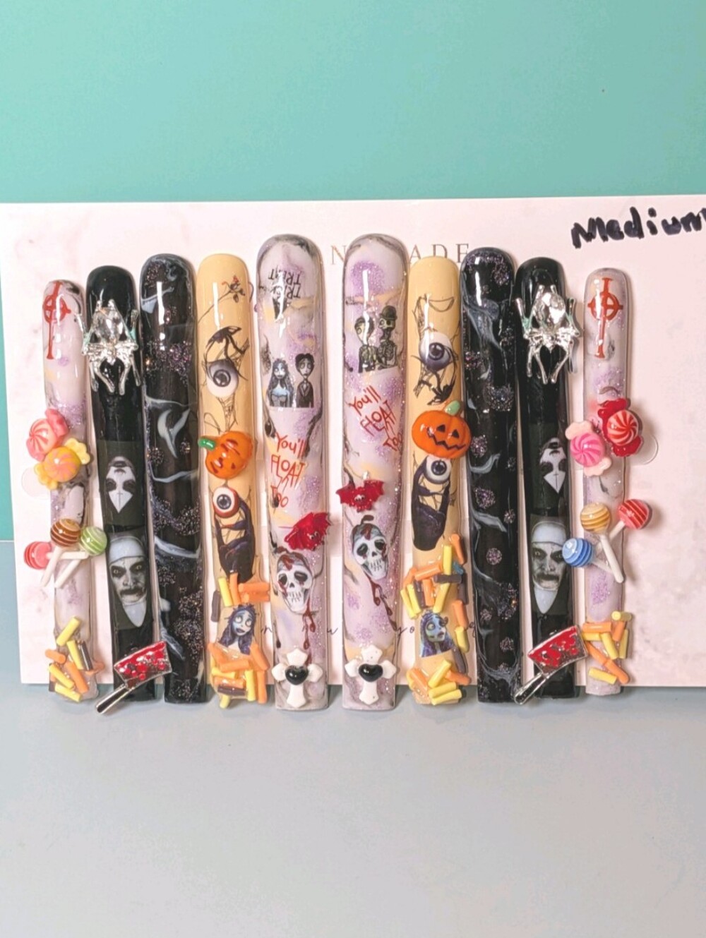 Hand Crafted Halloween 6Xl Press-On Nails - Black, Cream, Purple, Orange Accents